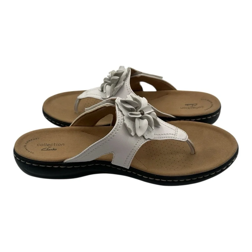 Clarks Laurieann Gema Sandals Women Sz 10 M White Floral Strappy Thong Flip Flop